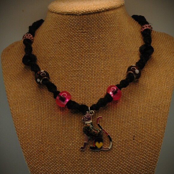 Bohemian Multi-color Kitty Cat on Handmade Black Hemp Choker 15" - Picture 2 of 4